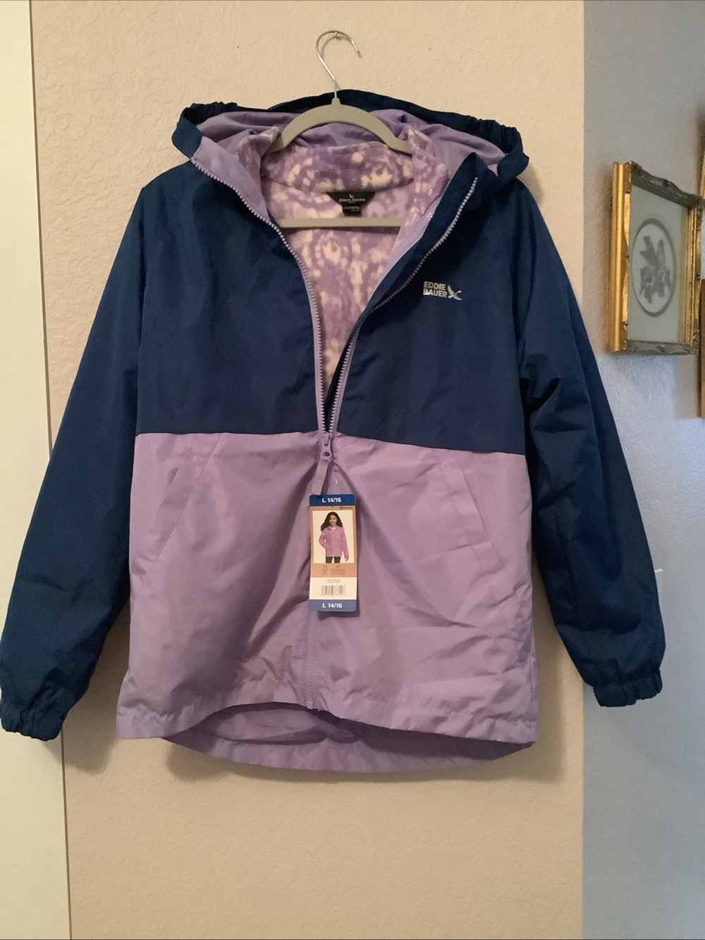Eddie Bauer Two-Tone Hooded Raincoat in Navy and Lavender